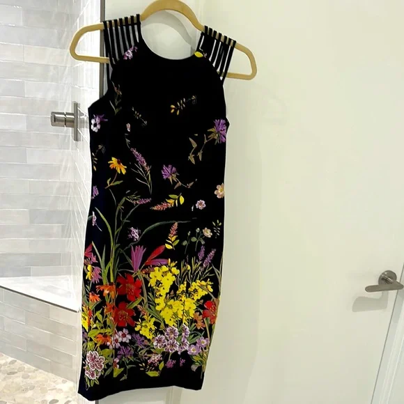 adrianna papell black floral dress Adrianna Papell Floral Print Chiffon One Shoulder Gown